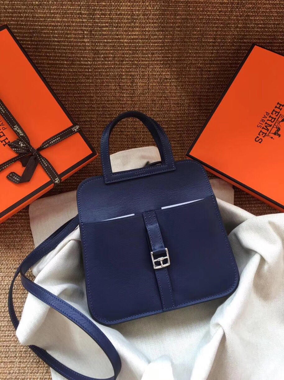 Hermes Mini Halzan 22 Handbag Shoulder Bag In Blue Nuit Swift Leather